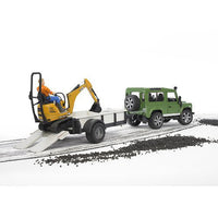 Land Rover Defender Station Wagon with one axle trailer, 
JCB micro excavator 8010 CTS and construction worker